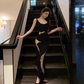 Black fishtail halter dress sexy hip-wrapped lace-up holiday inner long skirt R1520