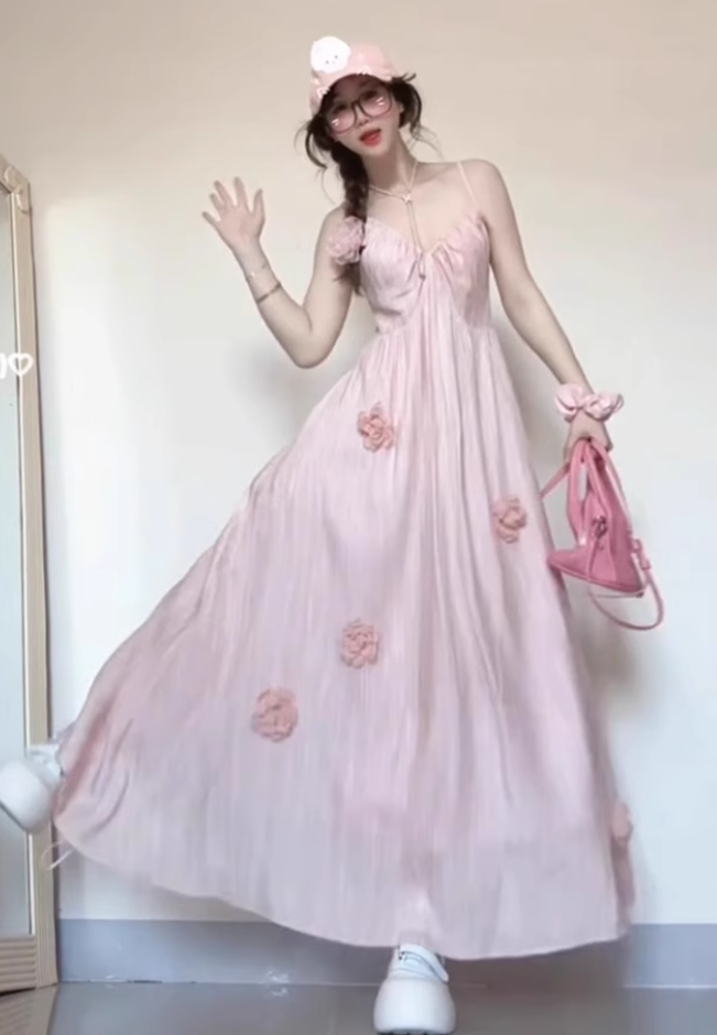 Large French pure pink flower dress beautiful suspender dress for seaside vacation R1827