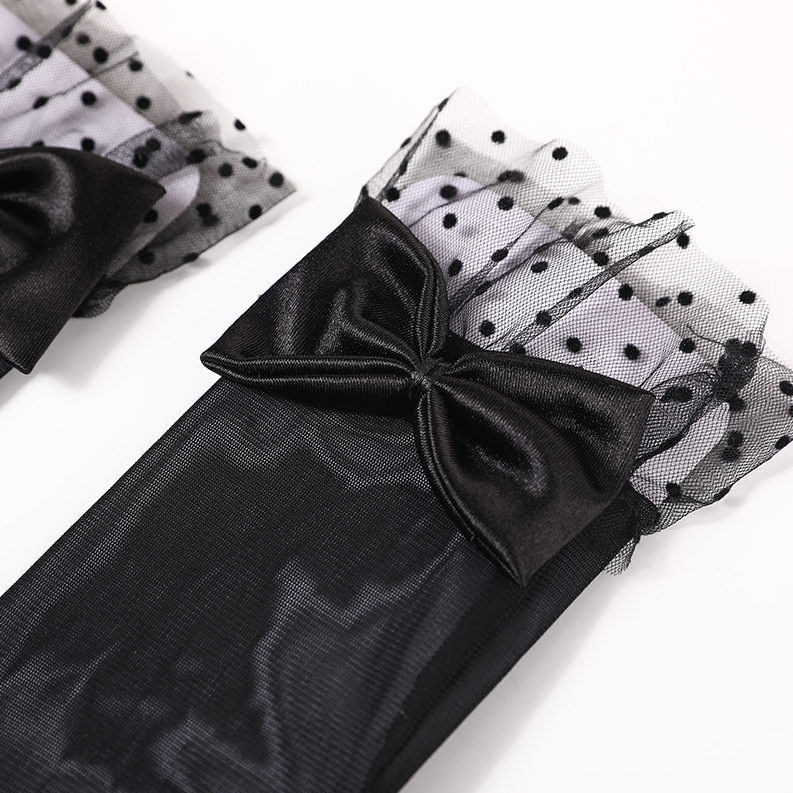 Mesh gloves, black lace polka dot lace bow short tube French Hepburn style dress     S6255