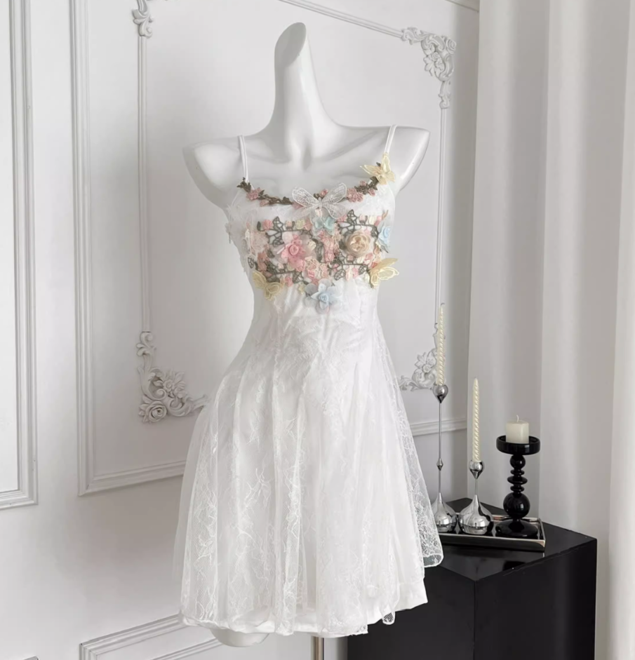 French seaside suspender dress white beautiful lace fishtail dress long skirt R2019