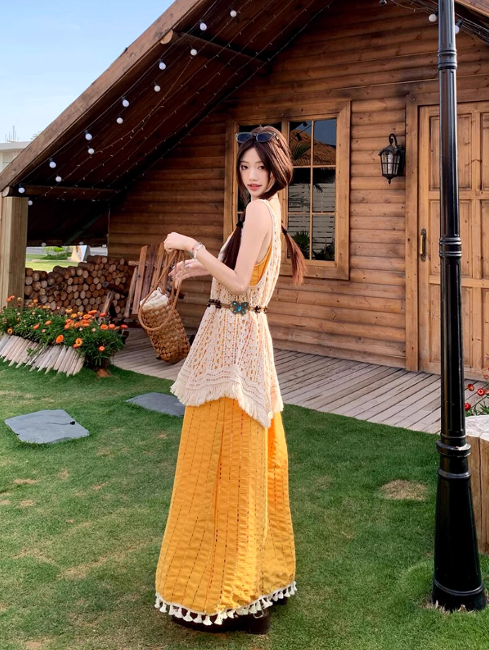 Artistic forest style layered beaded suspender long skirt travel wear dress knitted vest two-piece suit R1731