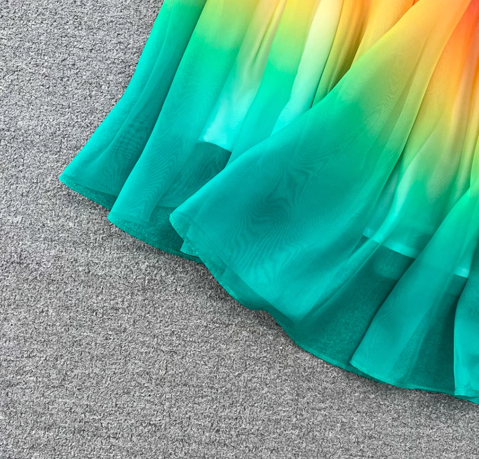 Temperament sleeveless round neck waist slimming A-line rainbow gradient chiffon elegant dress R0405