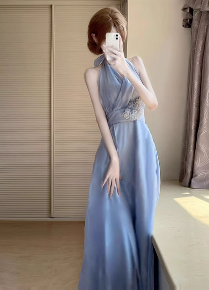 Blue V-neck halter dress for women French gentle temperament holiday style waist A-line long skirt R0427