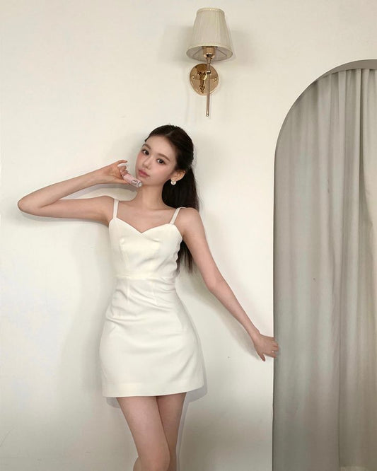 White suspender waist A-line slim skirt homecoming dress R4130