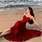 Fairy waist slimming big swing red dress holiday beach long dress tube top ruffled suspender skirt R1719