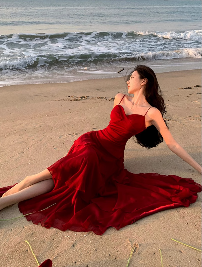 Fairy waist slimming big swing red dress holiday beach long dress tube top ruffled suspender skirt R1719