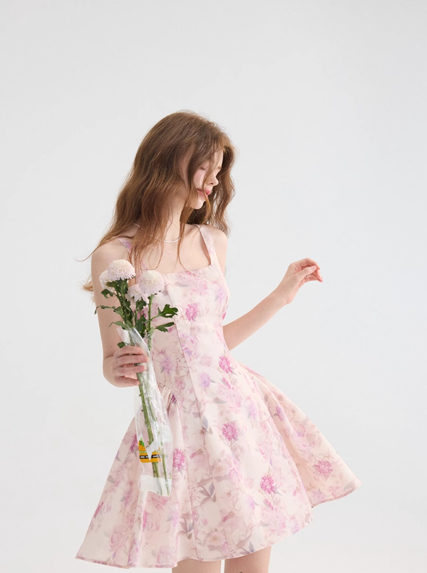Floral suspender skirt outfit with waist-pinching dress pink short skirt for women in summer R3458