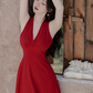 Retro wine red sling halter neck dress temperament waist high-end dress R1496