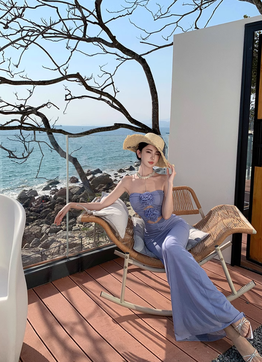 French holiday style purple flower hollow design tube top dress female seaside holiday sexy long dress R0305