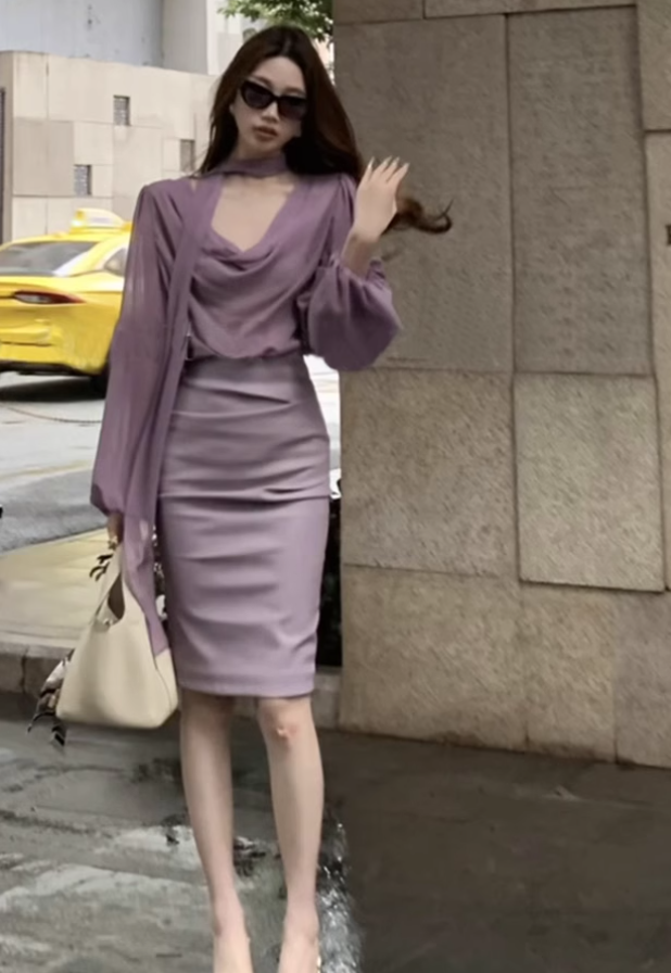Large size French elegant intellectual temperament ribbon shirt hip skirt purple suit R1851