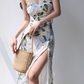 French retro leaf floral suspender skirt slim waist side slit dress long skirt R2820