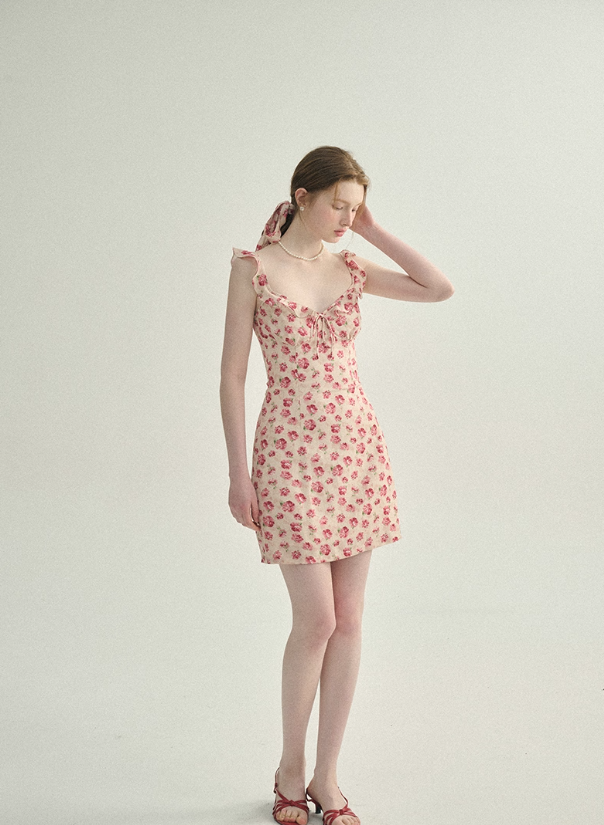 Floral dress pink short skirt French style high-end suspender skirt petite short skirt for women R3463