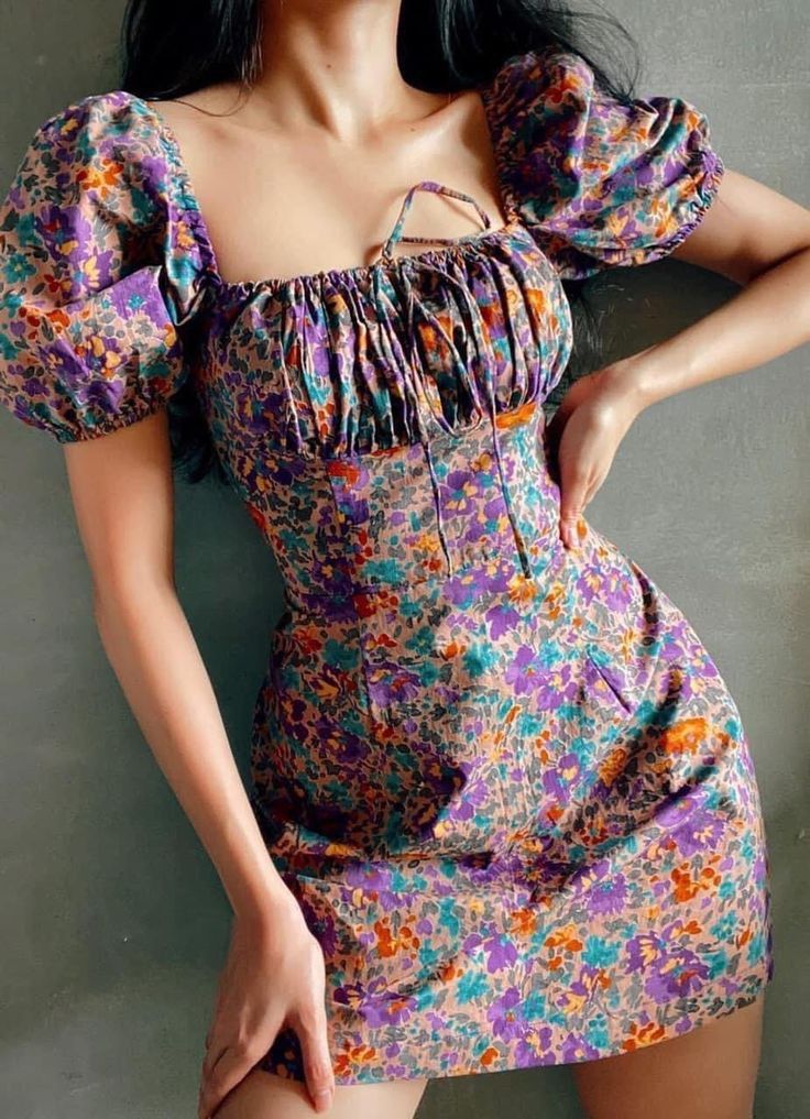 Retro floral puff sleeves slim waist A-line short skirt homecoming dress R3416