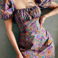 Retro floral puff sleeves slim waist A-line short skirt homecoming dress R3416