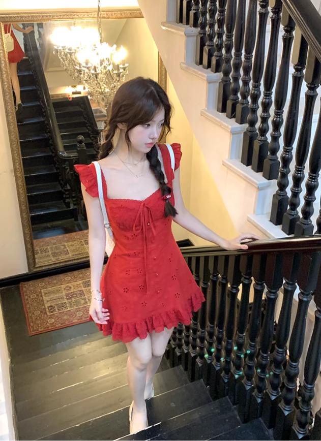Red waist hollow suspender dress women's summer French temperament skirt R4700