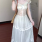 Gentle blue lace puff sleeve dress holiday temperament waist A-line long skirt R0862