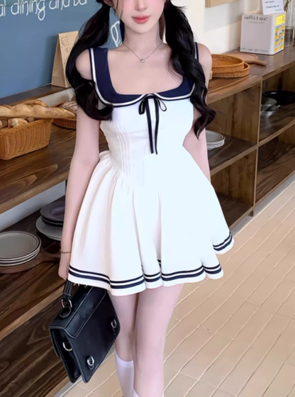 College style navy collar sleeveless dress 2025 contrast color slim waist a-line short skirt R1294
