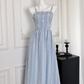 Blue plaid lace slim high-end detachable suspender tube top long dress R0298