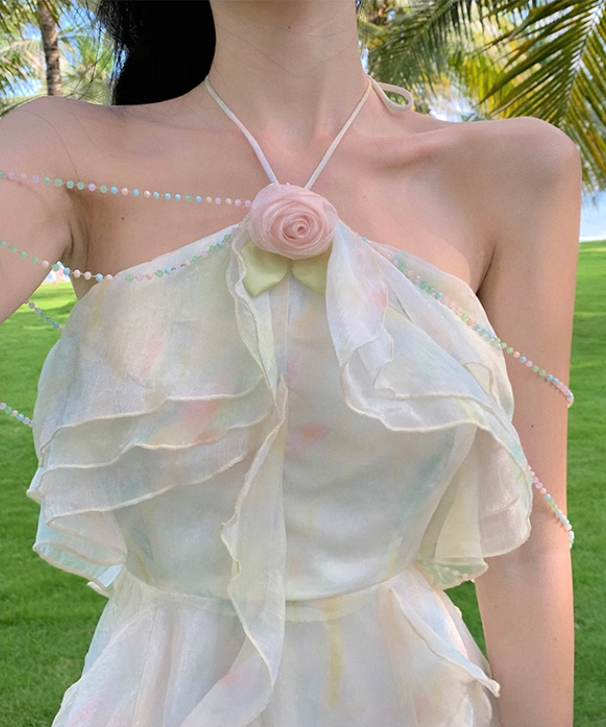 French style holiday sweet halter neck dress super fairy slim beach dress short style R1625