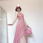 Tea break French pink suspender floral dress seaside vacation unique waist temperament long dress R0422