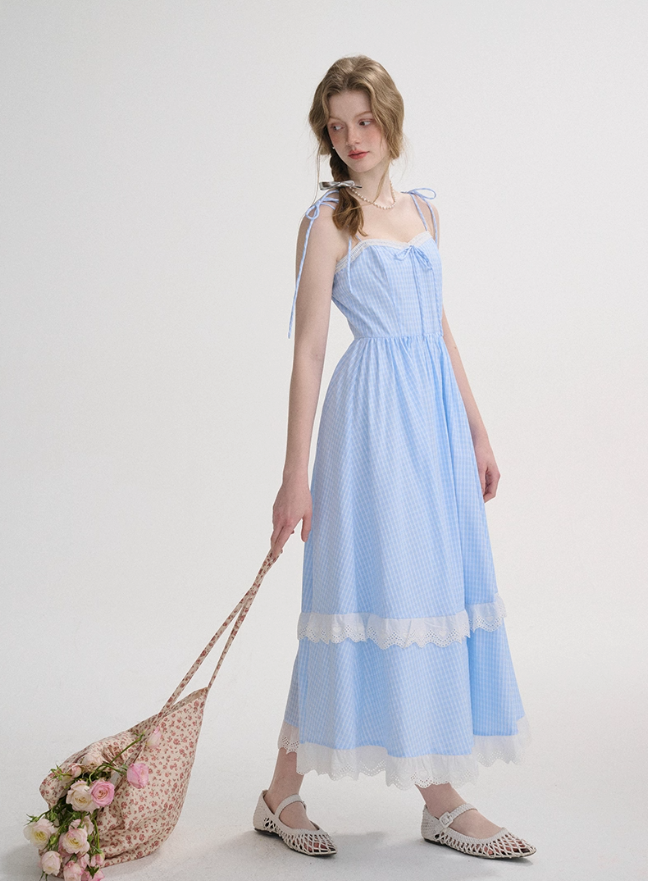 French plaid dress sleeveless long dress lace pastoral style suspender dress for women R3552