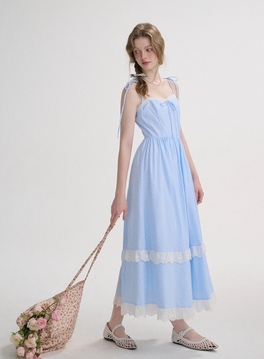 French plaid dress sleeveless long dress lace pastoral style suspender dress for women R3552