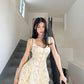 Apricot floral vest suspenders waist slim fit A-line short skirt homecoming dress R3943