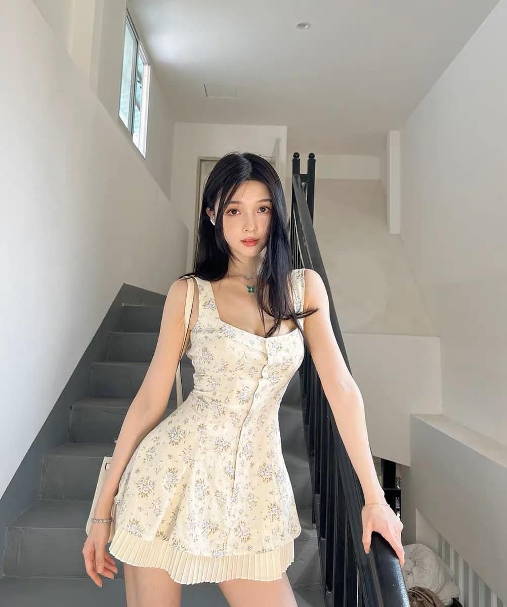 Apricot floral vest suspenders waist slim fit A-line short skirt homecoming dress R3943