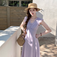 Purple V-neck small flying sleeve waist long dress summer French temperament lace skirt R4584