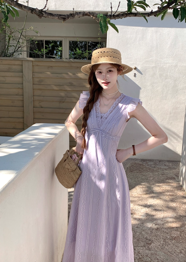 Purple V-neck small flying sleeve waist long dress summer French temperament lace skirt R4584