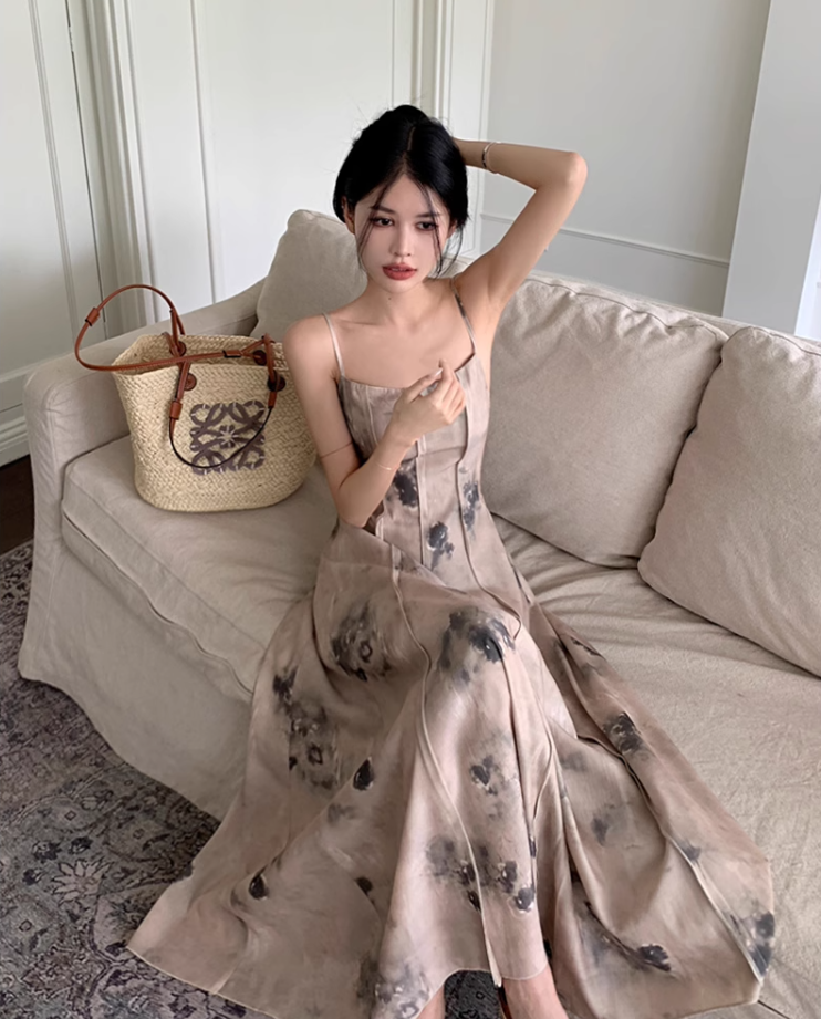 Fairy new Chinese style ink-dyed dress design backless holiday style suspender long dress R1724