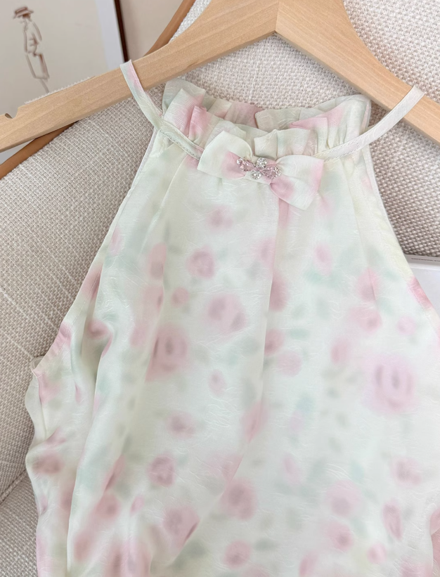 French tea break floral sleeveless halter dress new style gentle style first love sweet short skirt R4038