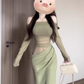 French style gentle temperament green one-shoulder hollow dress high-grade mesh waist banquet dress R0436