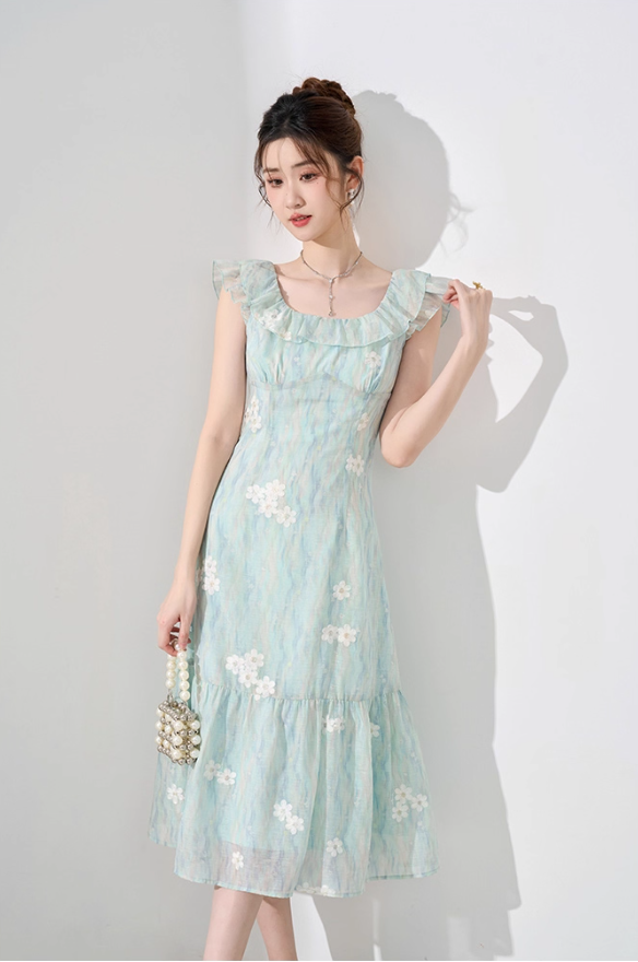 Temperament dress new summer French waist high-end mid-length niche design printed skirt R4262