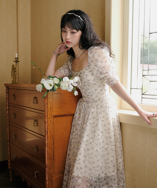 French style skirt petite short skirt short floral skirt puff sleeve dress female summer new style R3462