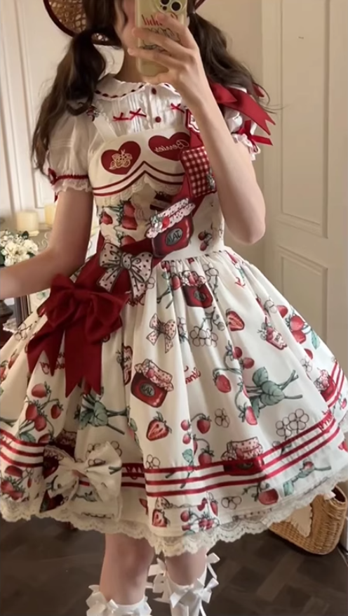 Strawberry Heart Lolita Short Sleeve Dress Cute Lolita Princess Dress Cake Tutu Skirt R1691