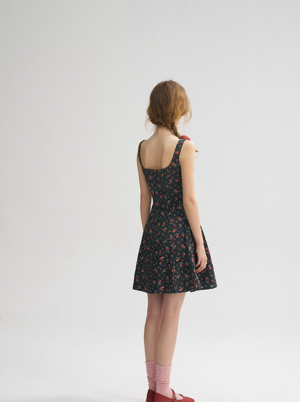 French Retro Floral Sling Dress Sleeveless Short Skirt R2704