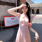 This summer French retro dress with a printed square collar and small flying sleeves is a slimming and form-fitting dress for women R4787