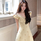 Yellow mid-length v-neck small fragrance temperament beaded bow dress summer skirt R4741