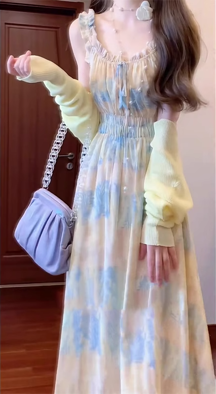 Gentle floral suspender dress holiday style beautiful waist A-line long skirt R0688