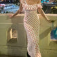 White long skirt with red polka dots, slim waist, sexy long skirt, homecoming dress R4053