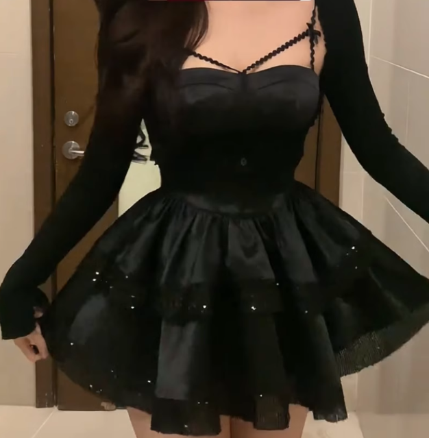 Sweet and spicy suspender dress 2025 pure desire waist small black dress suit R1124