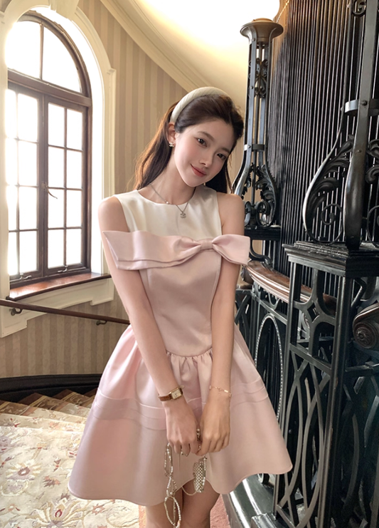 Pink waist satin sleeveless suspender dress women's summer French style skirt R4660