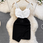 Fashionable and sexy tube top suspender skirt contrast color stitching tight irregular hip dress R0348