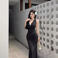 French high-end green v-neck lace halter dress temperament celebrity waist slim hip dress R0453