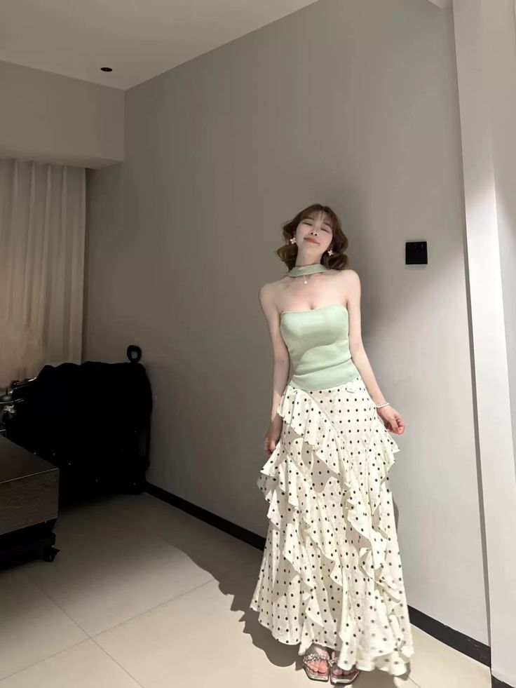 Fresh Polka Dots Women's Prom Gown Soft Green Waist Fitted Maxi Evening Dress Birthday Dress — Fall Outfit 2026 New  RS3265
