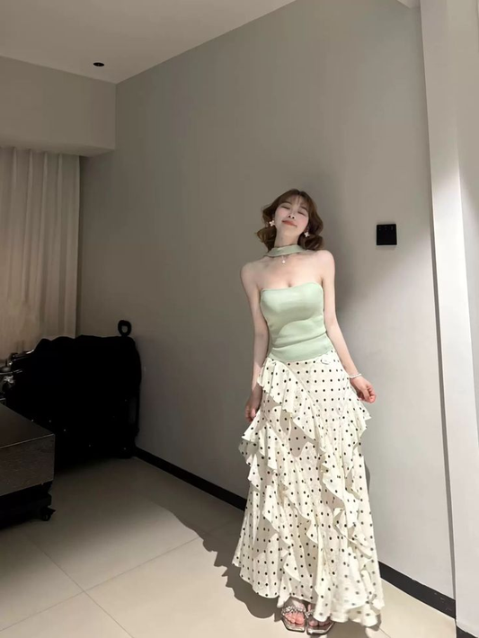 Fresh Polka Dots Women's Prom Gown Soft Green Waist Fitted Maxi Evening Dress Birthday Dress — Fall Outfit 2026 New  RS3265