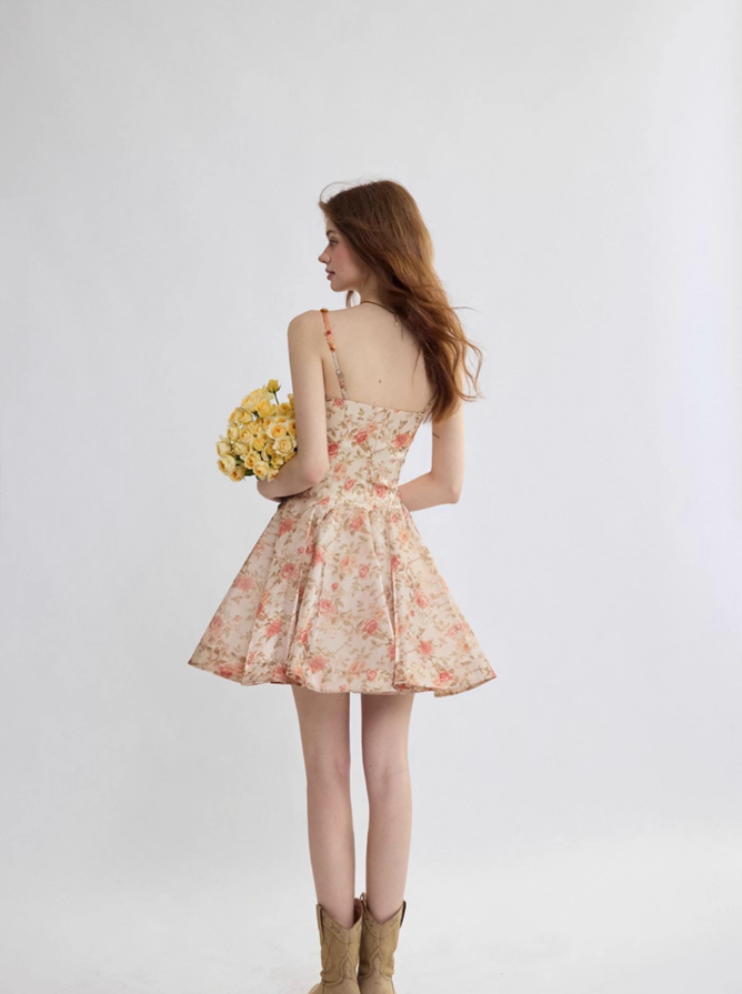 French suspender dress floral dress holiday wear short skirt R2698