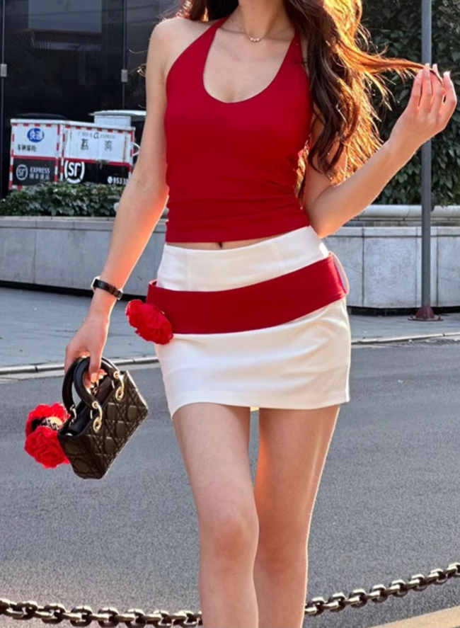 American hot girl halter neck backless top 2025 large size contrast color hip skirt suit R1395