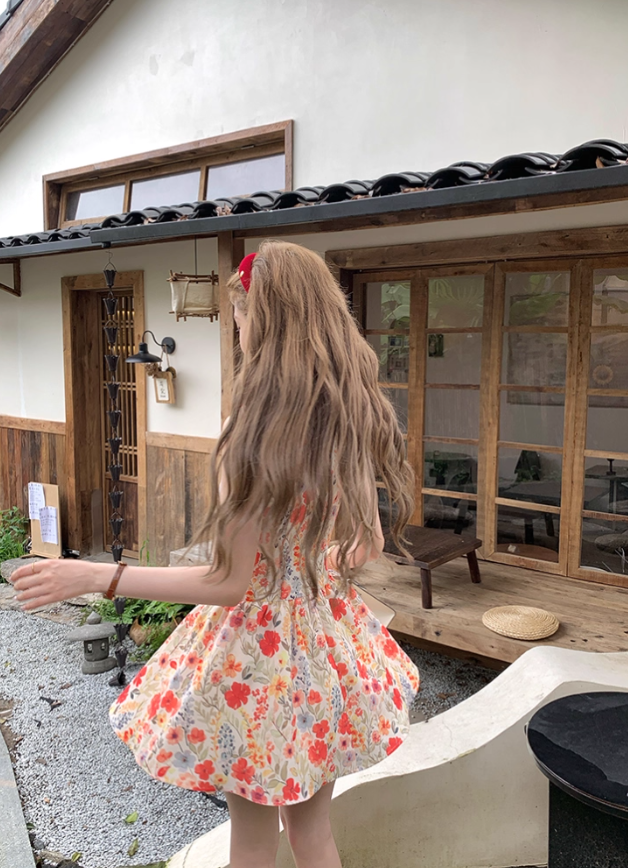 Printed waist suspender dress French retro skirt R4947